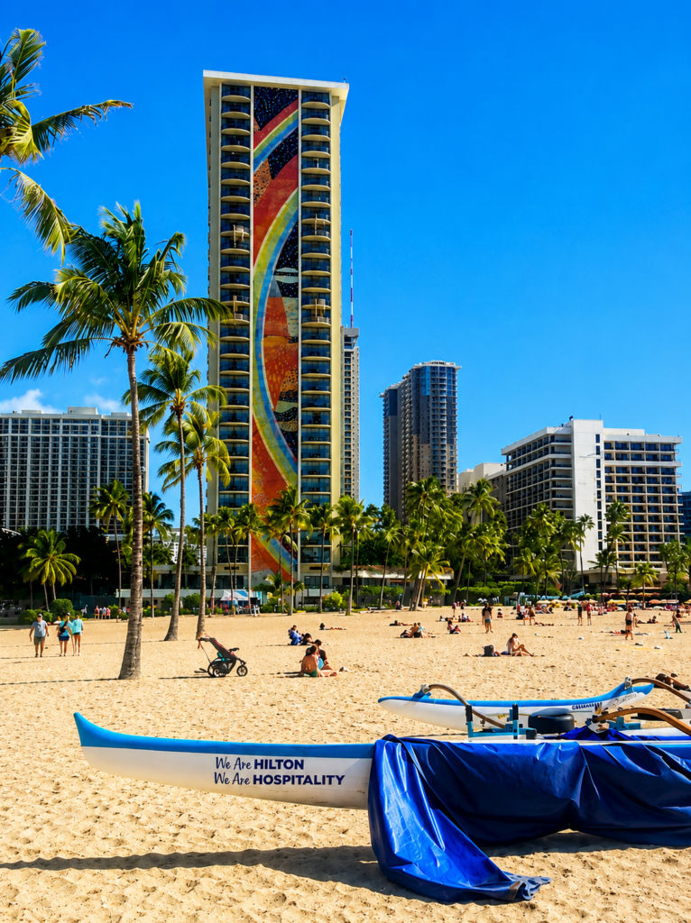 The Rainbow Tower at Hilton Hawaiian Village with outrigger canoes on the beach